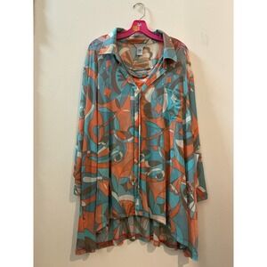 Multiples‎ Womens 3X Sheer Abstract Print Button Down Shirt Tunic Orange Blue